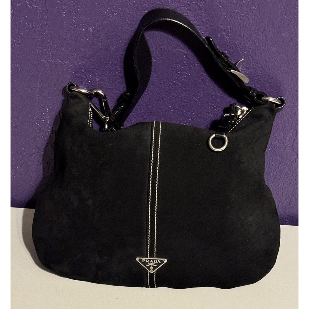Prada Suede Scamosciato Hobo Shoulder Bag 14" Black Vintage Y2K
